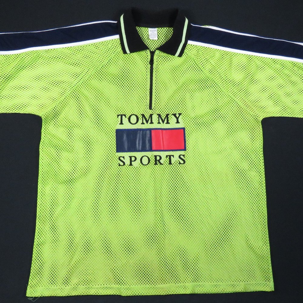 Vintage Tommy Hilfiger Sports Bootleg Spell Out Short Sleeve Polo 1/3 Zip Shirt